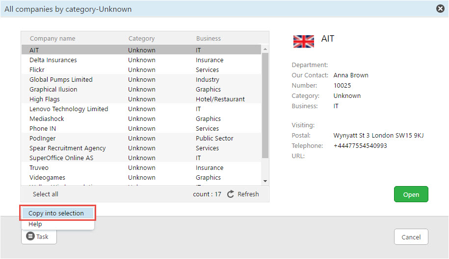 All companies by category unknown in the drill down dialogue